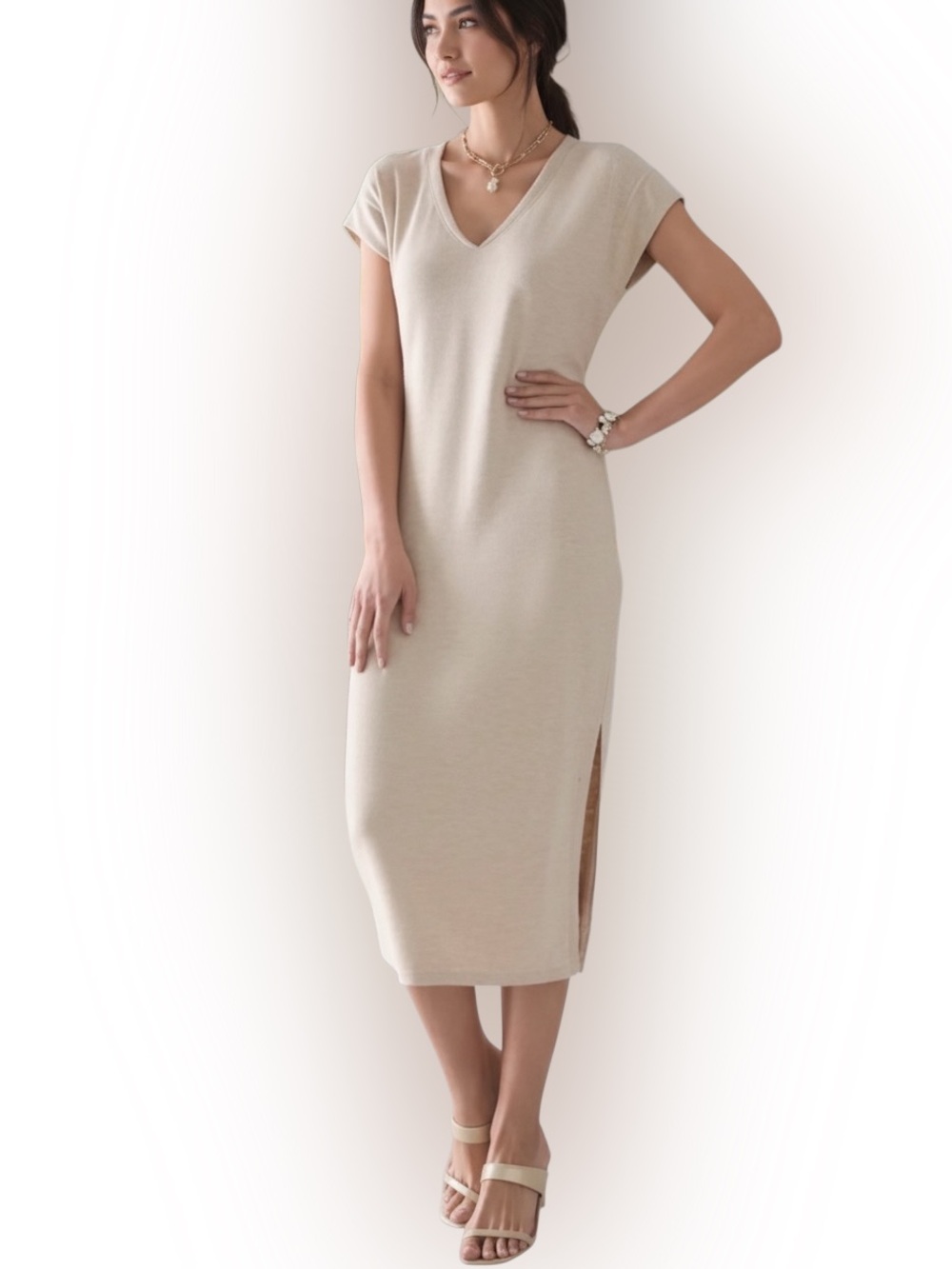 WHBM V-Neck Slip Midi Dress With Slit Heather Biscotti Gold Shimmer Size S NWT